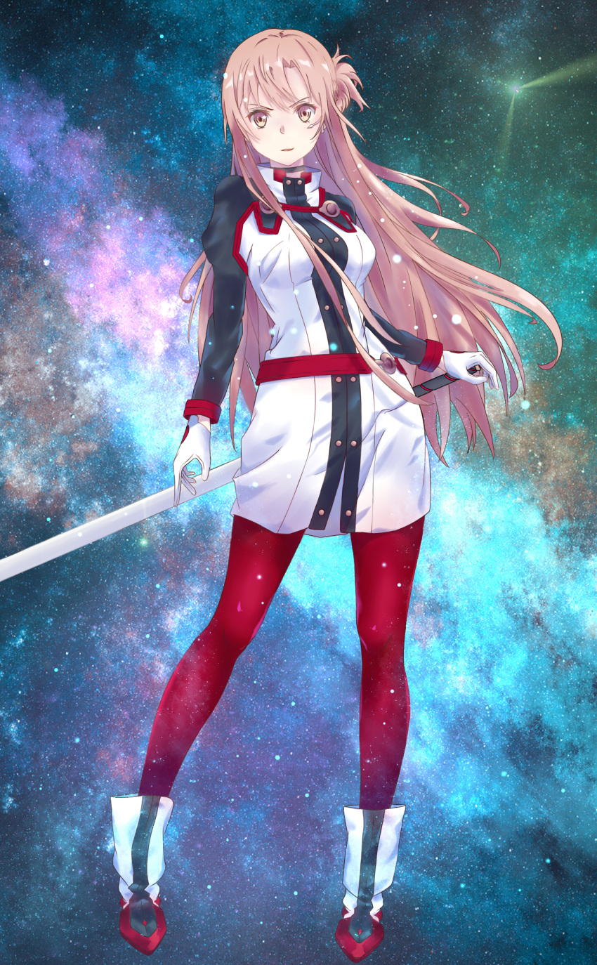 1girl angel's_trumpet_(artist) asuna_(sao) belt boots breasts brown_eyes brown_hair dress floating_hair full_body gloves hand_on_hilt highres long_hair looking_at_viewer medium_breasts pantyhose parted_lips red_legwear short_dress sky solo standing star_(sky) starry_sky sword_art_online sword_art_online_the_movie:_ordinal_scale very_long_hair white_dress white_gloves