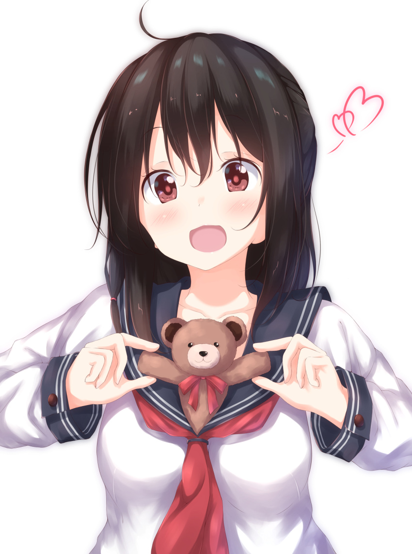 1girl :3 :d absurdres ahoge bangs black_sailor_collar blush breasts brown_hair collarbone eyebrows_visible_through_hair heart highres long_hair long_sleeves looking_at_viewer medium_breasts neckerchief numpopo open_mouth original red_eyes red_neckwear red_ribbon ribbon sailor_collar school_uniform serafuku shiny shiny_hair shirt simple_background smile solo stuffed_animal stuffed_toy tareme teddy_bear upper_body white_background white_shirt