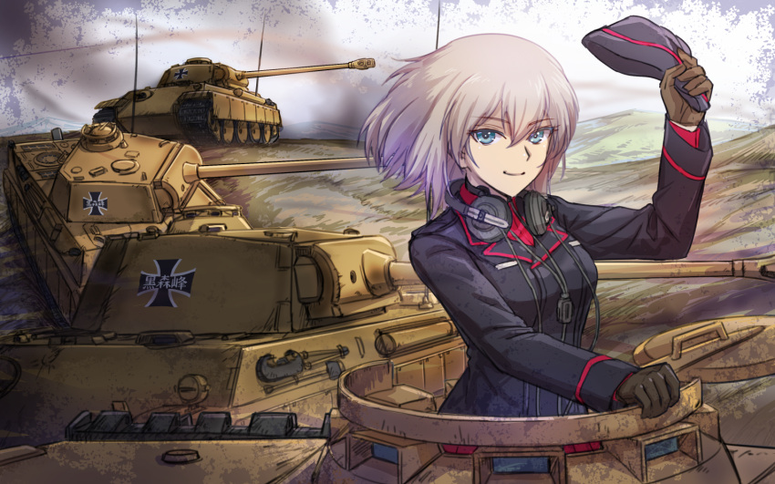 1girl black_gloves black_hat black_jacket blue_eyes commentary_request day emblem eyebrows_visible_through_hair garrison_cap girls_und_panzer gloves grass ground_vehicle hat hat_removed headphones headphones_around_neck headwear_removed highres hill holding holding_hat itsumi_erika jacket kuromorimine_(emblem) kuromorimine_military_uniform long_hair long_sleeves looking_at_viewer military military_hat military_uniform military_vehicle motor_vehicle outdoors red_shirt shinmai_(kyata) shirt silver_hair tank tank_cupola throat_microphone tiger_ii uniform upper_body vehicle_request