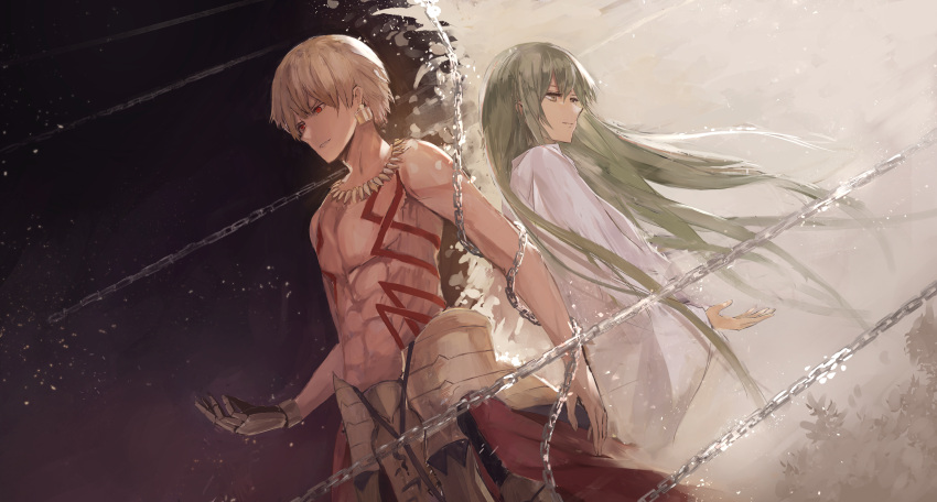 2boys absurdres armor back-to-back blonde_hair bodypaint chains commentary_request enkidu_(fate/strange_fake) fate/grand_order fate_(series) gilgamesh green_eyes green_hair hand_up highres jewelry long_hair multiple_boys necklace red_eyes shirtless thkani white_robe