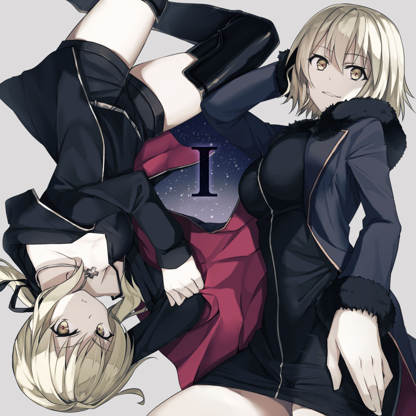 2girls absurdres artoria_pendragon_(all) bangs black_camisole black_dress black_footwear black_jacket black_legwear black_shorts blonde_hair boots breasts brown_eyes camisole collarbone commentary_request dress eyebrows_visible_through_hair fate/apocrypha fate/grand_order fate/stay_night fate_(series) fumio_(kanmi) fur-trimmed_jacket fur-trimmed_sleeves fur_trim hair_between_eyes hand_behind_head highres jacket jeanne_d'arc_(alter)_(fate) jeanne_d'arc_(fate)_(all) jewelry large_breasts long_hair long_sleeves looking_at_viewer low_twintails medium_breasts multiple_girls necklace parted_lips saber_alter short_shorts shorts smile strap_slip thigh-highs thigh_boots twintails upside-down wicked_dragon_witch_ver._shinjuku_1999