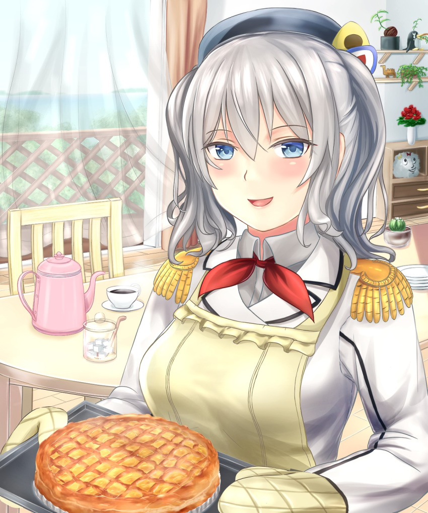 1girl apple_pie apron bangs beret blue_eyes breasts chair coffee coffee_pot collared_shirt curtains day epaulettes failure_penguin fence flower frilled_sleeves frills gloves grey_shirt hat highres jacket kantai_collection kashima_(kantai_collection) kerchief large_breasts long_hair long_sleeves looking_at_viewer military military_jacket military_uniform neckerchief ocean open_mouth oven_mitts plant plate red_neckwear rose sabakuomoto shirt sidelocks silver_hair smile solo sugar_cube sunlight table tray tsurime twintails uniform upper_body wavy_hair white_jacket