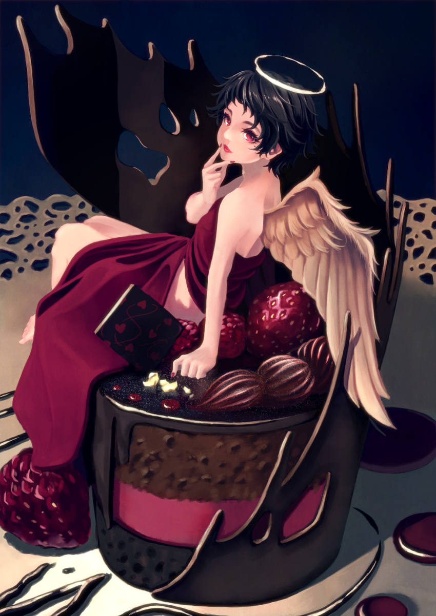 1girl angel angel_wings black_hair blue_background cake chocolate chocolate_cake chocolate_syrup dress food fruit halo highres looking_at_viewer original raspberry red_dress red_eyes red_lips sakurame_kurame short_hair sitting solo strawberry valentine very_short_hair wings