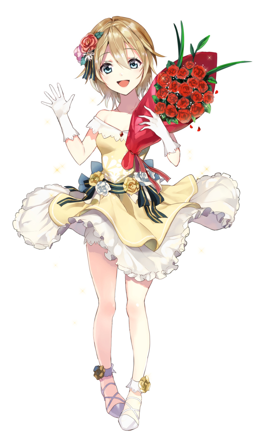 1girl absurdres bangs bare_shoulders blonde_hair blue_eyes bouquet breasts commentary derori dress eyebrows_visible_through_hair flower frilled_dress frills full_body gloves hair_flower hair_ornament hands_up highres holding holding_bouquet layered_dress looking_at_viewer mahou_tsukai_to_kuroneko_no_wiz off-shoulder_dress off_shoulder petals pigeon-toed red_flower red_rose rose rose_petals short_hair small_breasts solo sparkle standing tareme white_flower white_footwear white_gloves white_rose wrapper yellow_dress yellow_flower yellow_rose