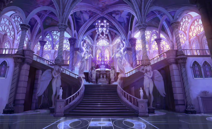 absurdres castle column commentary_request highres indoors light_rays no_humans original pillar reflection reflective_floor scenery stairs statue window xi_chen_chen