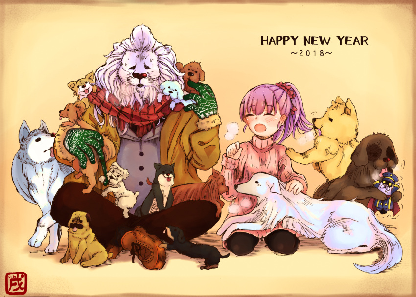 2018 biting breath colonel_olcott_(fate/grand_order) contemporary dog fate/grand_order fate_(series) glove_biting gloves happy_new_year harupippo helena_blavatsky_(fate/grand_order) highres lion new_year ponytail purple_hair scarf sweat sweater thomas_edison_(fate/grand_order) tongue tongue_out too_many_dogs translated