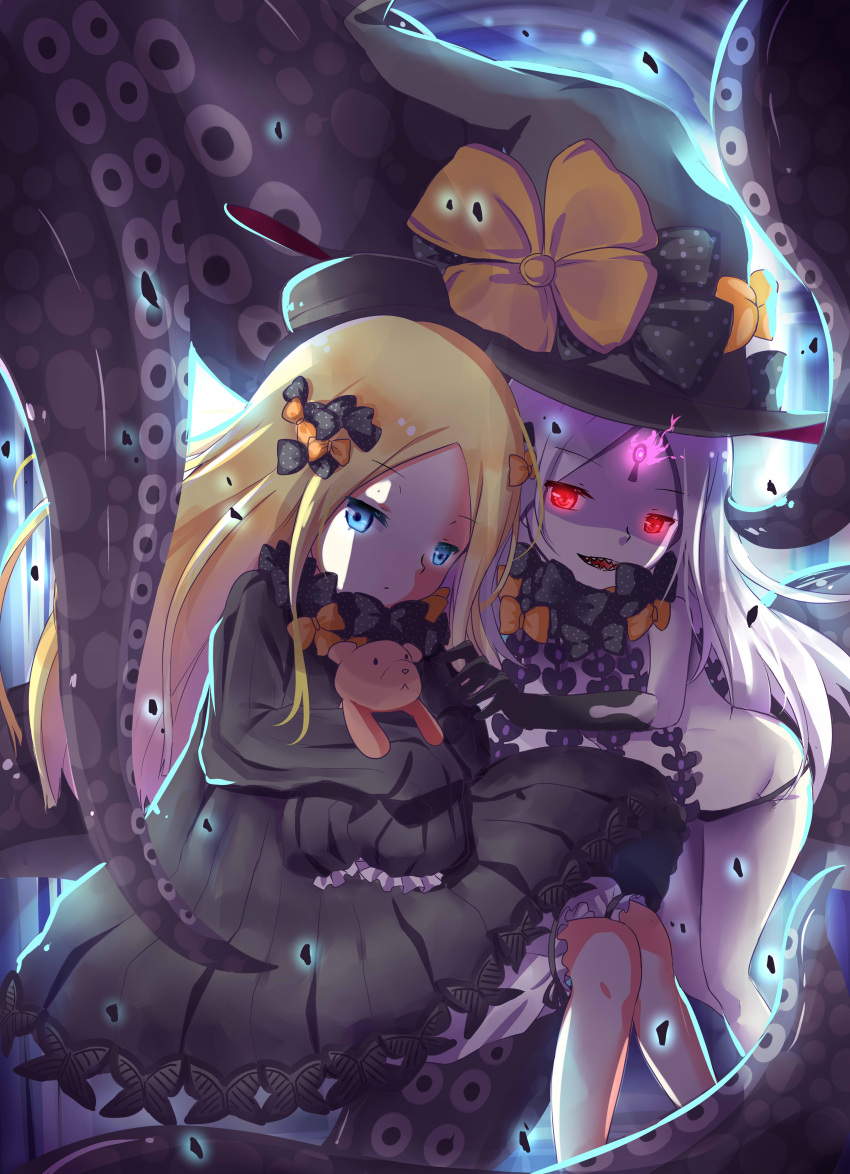 2girls abigail_williams_(fate/grand_order) absurdres bangs black_bow black_dress black_gloves black_hat black_panties blonde_hair bloomers blue_eyes bow butterfly closed_mouth commentary_request dress dual_persona elbow_gloves eyebrows_visible_through_hair fate/grand_order fate_(series) forehead gloves glowing glowing_eyes hair_bow hat hat_bow head_tilt highres long_hair long_sleeves multiple_girls neross object_hug orange_bow pale_skin panties parted_bangs parted_lips polka_dot polka_dot_bow red_eyes revealing_clothes sharp_teeth sleeves_past_fingers sleeves_past_wrists stuffed_animal stuffed_toy suction_cups teddy_bear teeth tentacle topless underwear very_long_hair white_bloomers white_hair witch_hat
