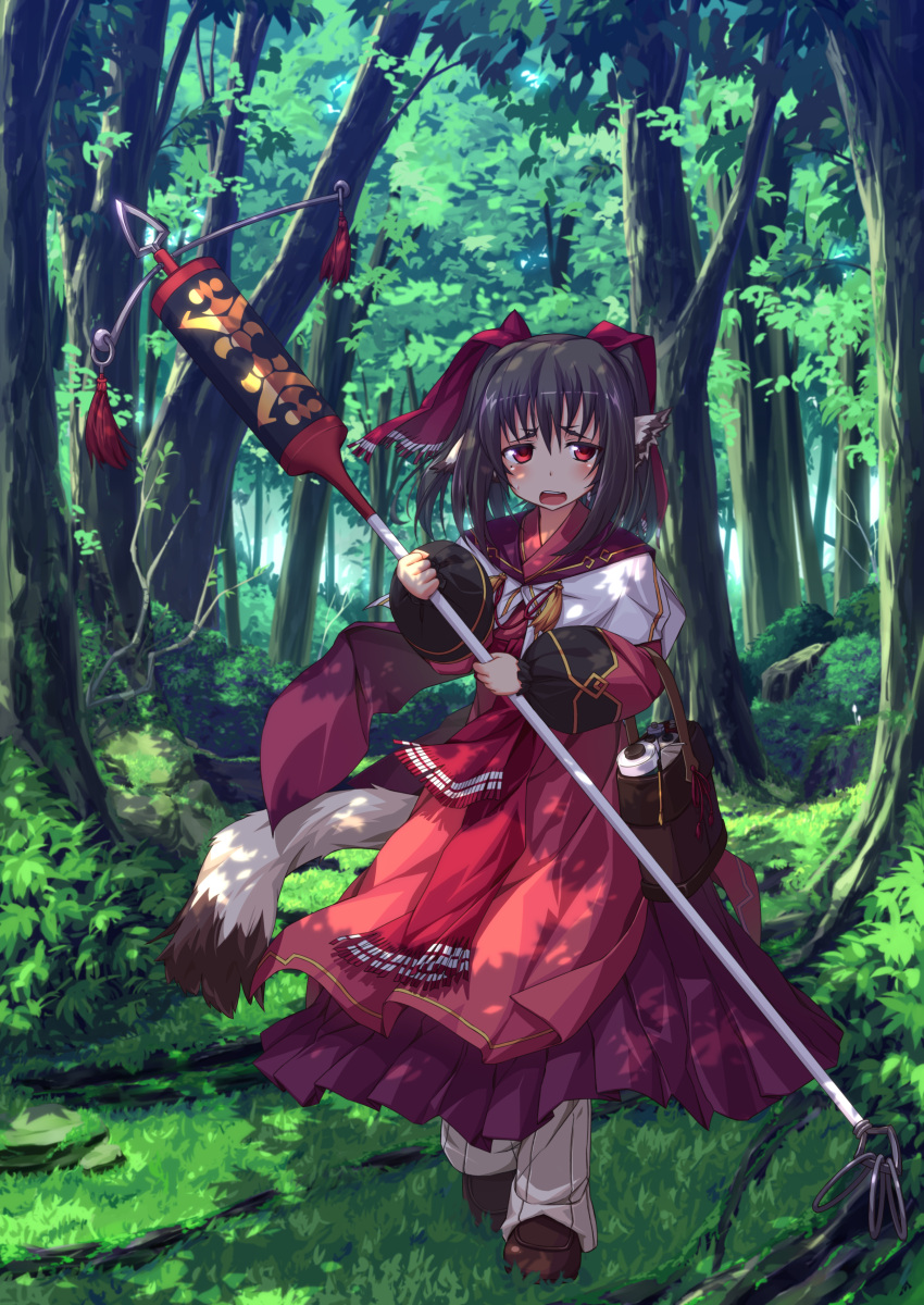 1girl absurdres bangs black_hair blush brown_footwear bush commentary_request forest full_body grass hair_between_eyes hair_ribbon highres holding holding_bag holding_staff japanese_clothes leopard_ears leopard_tail loafers long_skirt looking_at_viewer nature nekone_(utawareru_mono) open_mouth plant pleated_skirt puffy_sleeves red_eyes red_ribbon ribbon sailor_collar shoes skirt solo staff teeth tree ugume utawareru_mono utawareru_mono:_itsuwari_no_kamen walking