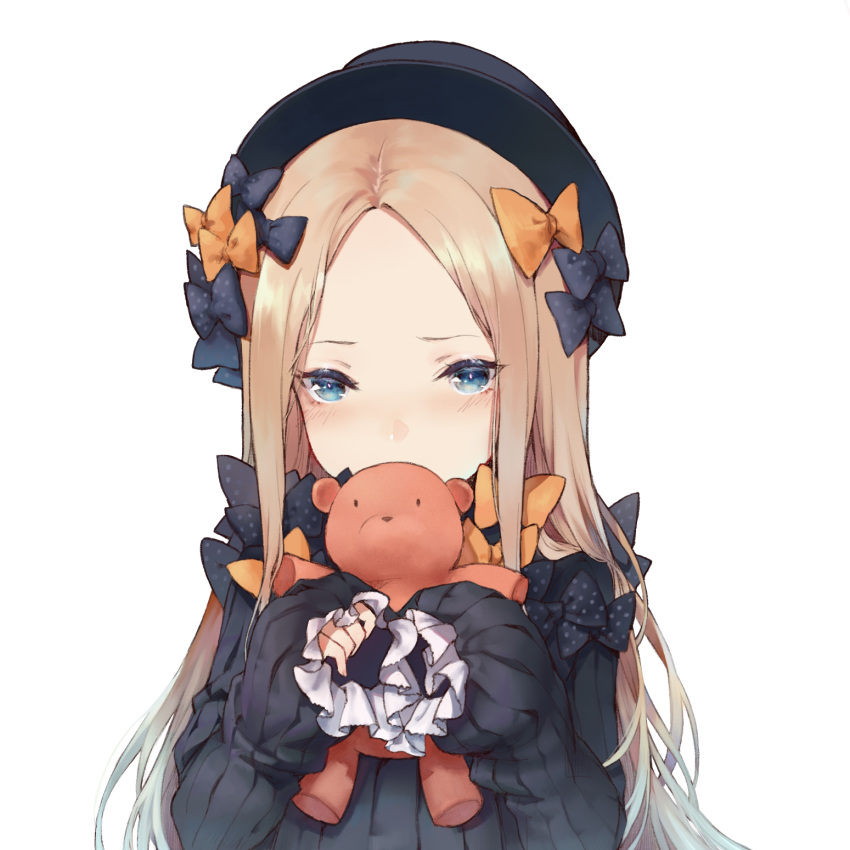 1girl abigail_williams_(fate/grand_order) bangs black_bow black_dress black_hat blonde_hair blue_eyes blush bow commentary_request dress fate/grand_order fate_(series) fedora forehead frilled_sleeves frills hair_bow hat highres holding leon_v long_hair long_sleeves looking_at_viewer orange_bow parted_bangs polka_dot polka_dot_bow puffy_long_sleeves puffy_sleeves simple_background sleeves_past_wrists solo stuffed_animal stuffed_toy teddy_bear upper_body white_background
