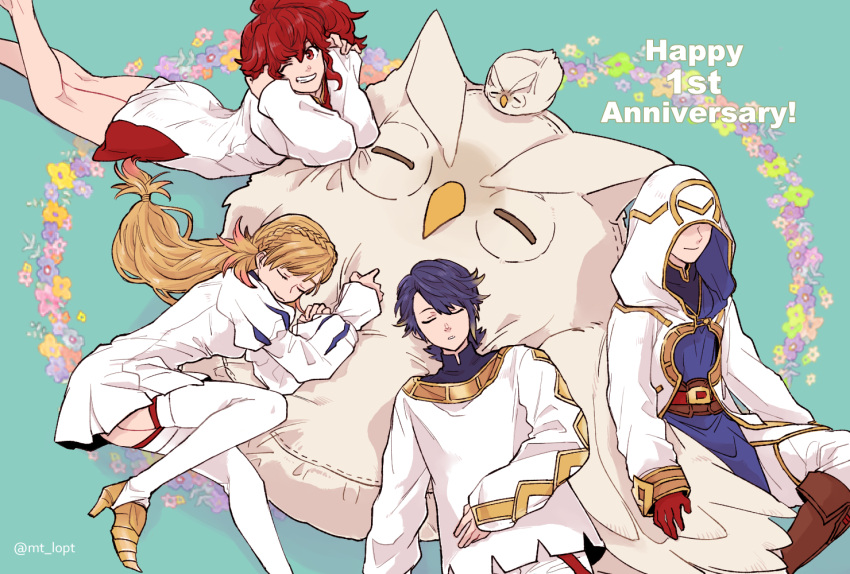 2boys 2girls alfonse_(fire_emblem) anna_(fire_emblem) anniversary bird blonde_hair blouse blue_hair boots cloak closed_eyes covered_eyes feh_(fire_emblem_heroes) fire_emblem fire_emblem_heroes flower from_above gloves grin high_heel_boots high_heels hood hooded_cloak long_hair looking_at_viewer lying multiple_boys multiple_girls nezumoto on_back on_side on_stomach one_eye_closed oversized_object owl pillow ponytail red_gloves redhead sharena shirt short_hair sitting sleeping smile summoner_(fire_emblem_heroes) twitter_username