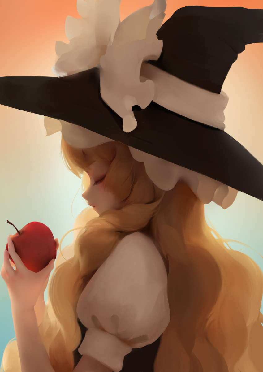 1girl absurdres apple bangs big_hair bing_bing black_hat blonde_hair bow closed_eyes eyelashes food from_side fruit gradient gradient_background hair_over_one_eye hat hat_bow highres holding holding_food holding_fruit kirisame_marisa long_hair parted_lips profile puffy_short_sleeves puffy_sleeves short_sleeves solo touhou two-handed upper_body white_bow witch_hat