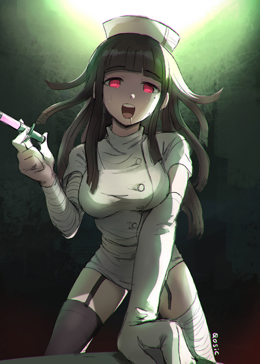 1girl alternate_costume bandage bandaged_arm bandaged_leg bangs blunt_bangs brown_hair commentary_request dangan_ronpa dangan_ronpa_3 garter_straps highres long_hair mole mole_under_eye nurse qosic red_eyes signature skirt solo super_dangan_ronpa_2 tsumiki_mikan