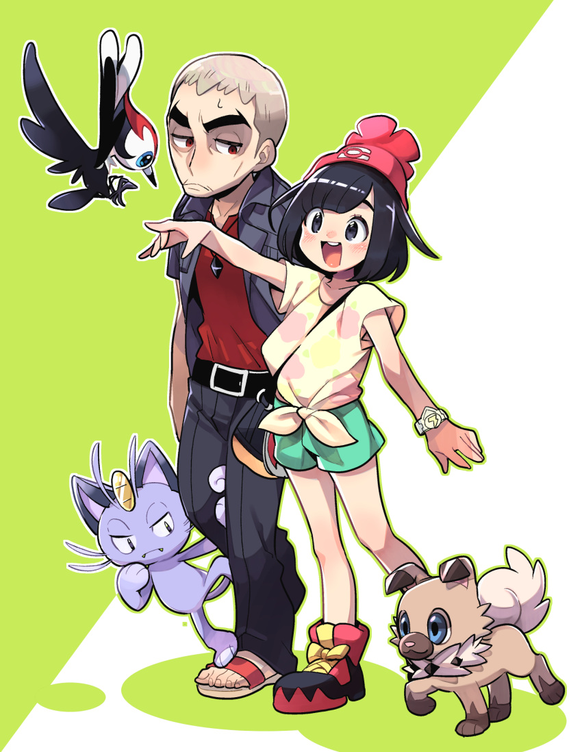 1boy 1girl beanie black_eyes black_hair blush bracelet grey_hair hat highres jewelry kuchinashi_(pokemon) meowth mitsuya_bonjin mizuki_(pokemon_sm) open_clothes open_shirt pikipek pokemon pokemon_(game) pokemon_sm red_eyes rockruff sandals shirt shoes short_hair shorts smile sneakers thick_eyebrows tied_shirt