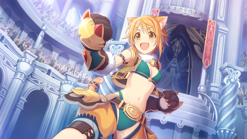 1girl animal_ears arena bikini blonde_hair cat_ears crowd cygames earrings fur_trim gloves hair_ornament hairclip hirosaki_hiyori jewelry official_art princess_connect! short_hair swimsuit tail yellow_eyes