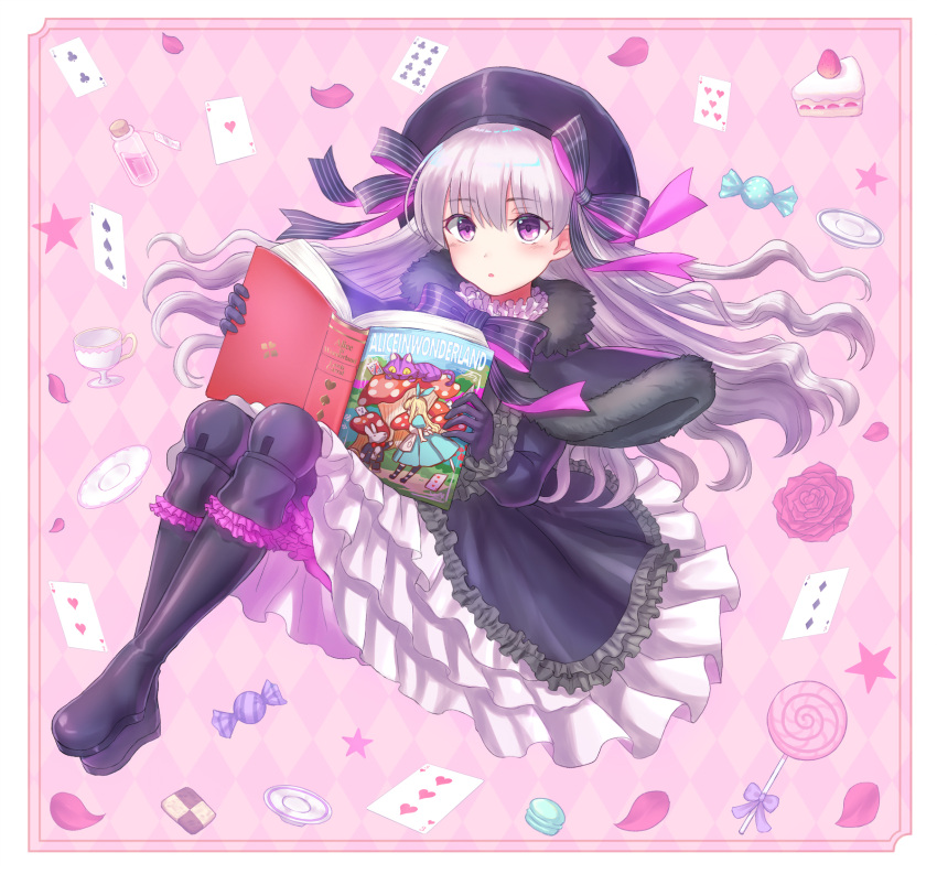1girl alice_(wonderland) alice_in_wonderland black_bow black_footwear black_hat blush book boots bow candy card cheshire_cat eyebrows_visible_through_hair fate/grand_order fate_(series) food full_body grey_hair hair_bow hat highres holding holding_book lollipop long_hair looking_at_viewer nursery_rhyme_(fate/extra) open_book parted_lips petals playing_card seungju_lee solo star violet_eyes white_rabbit