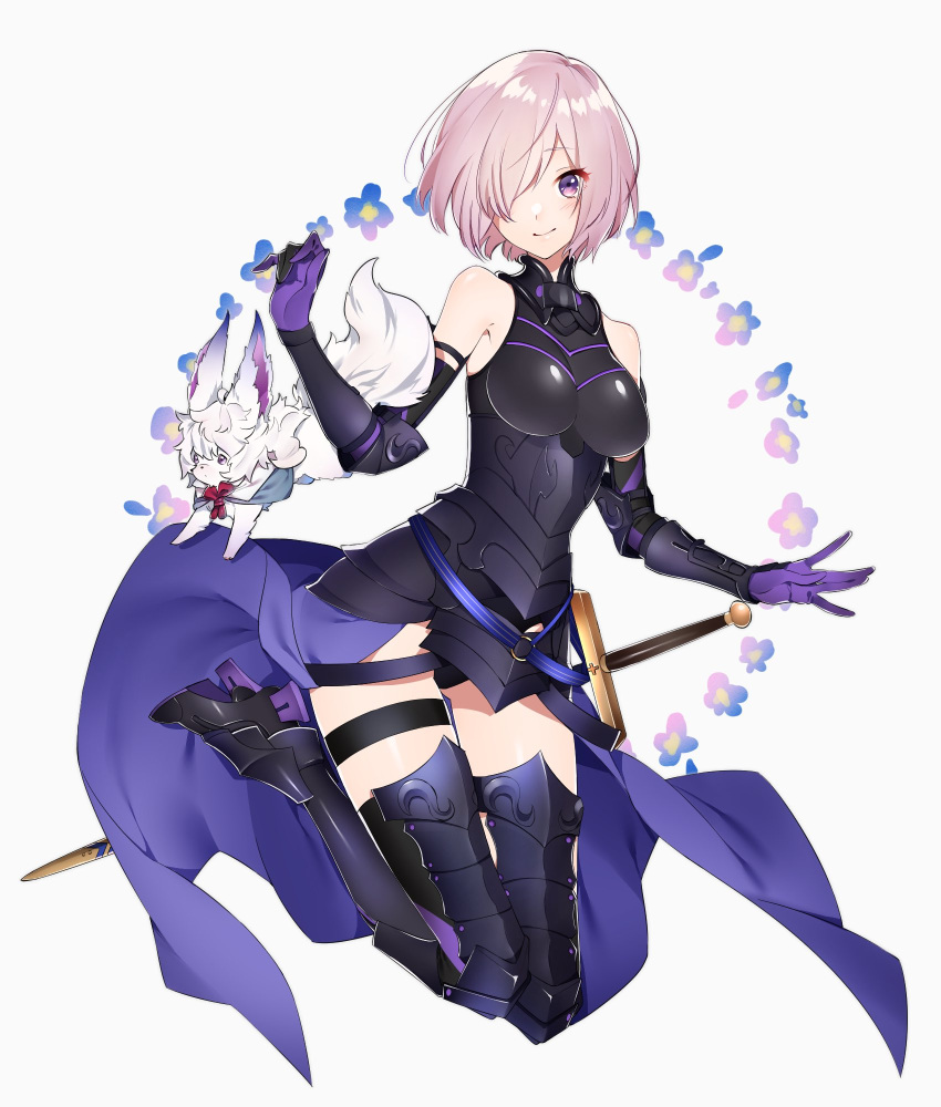 1girl arm_guards armor bangs bare_shoulders breasts commentary elbow_gloves elbow_pads eyebrows_visible_through_hair fate/grand_order fate_(series) fou_(fate/grand_order) full_body gloves hair_over_one_eye highres looking_at_viewer mash_kyrielight medium_breasts sheath sheathed short_hair simple_background sino42 sleeveless smile solo sword thigh-highs violet_eyes weapon