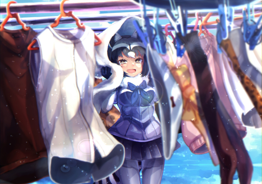 1girl :d absurdres animal_ears black_gloves black_hair black_skirt blue_sky blurry bow bowtie clothes_hanger clothes_pin common_raccoon_(kemono_friends) day depth_of_field fur_collar gloves grey_hair highres holding holding_towel kemono_friends laundry laundry_pole looking_at_viewer miniskirt multicolored_hair noah_(noxxxmo) open_mouth outdoors panties pink_sweater pleated_skirt print_legwear raccoon_ears raccoon_tail serval_print skirt sky smile solo sweater tail towel underwear white_hair