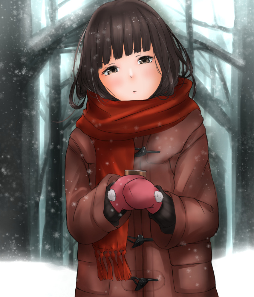 1girl black_hair black_sweater blush brown_eyes cape closed_mouth coat coffee forest hatsuyuki_(kantai_collection) highres kantai_collection long_hair looking_at_viewer mittens nature pink_mittens red_scarf remodel_(kantai_collection) scarf snow snowing solo sweater tama_(seiga46239239) tree