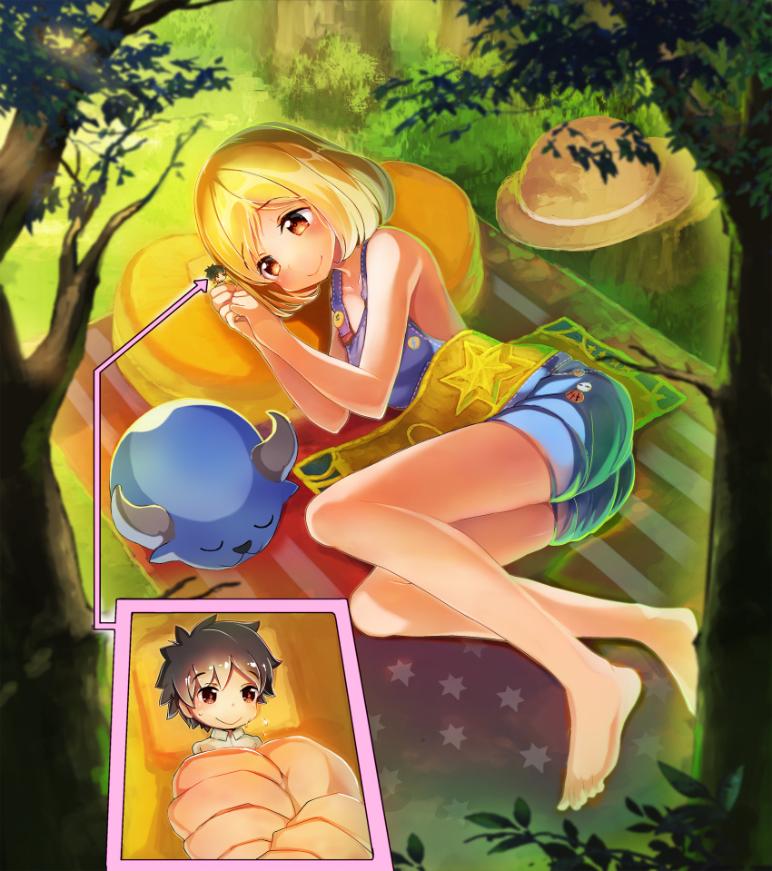 1boy 1girl absurdres american_flag babe_(fate) barefoot black_hair blonde_hair blush brown_eyes character_request closed_mouth collarbone day directional_arrow eyebrows_visible_through_hair fate/grand_order fate_(series) giantess hat highres holding_person inzanaki looking_at_another lying on_side outdoors overalls paul_bunyan_(fate/grand_order) pillow red_eyes short_hair sleeping smile