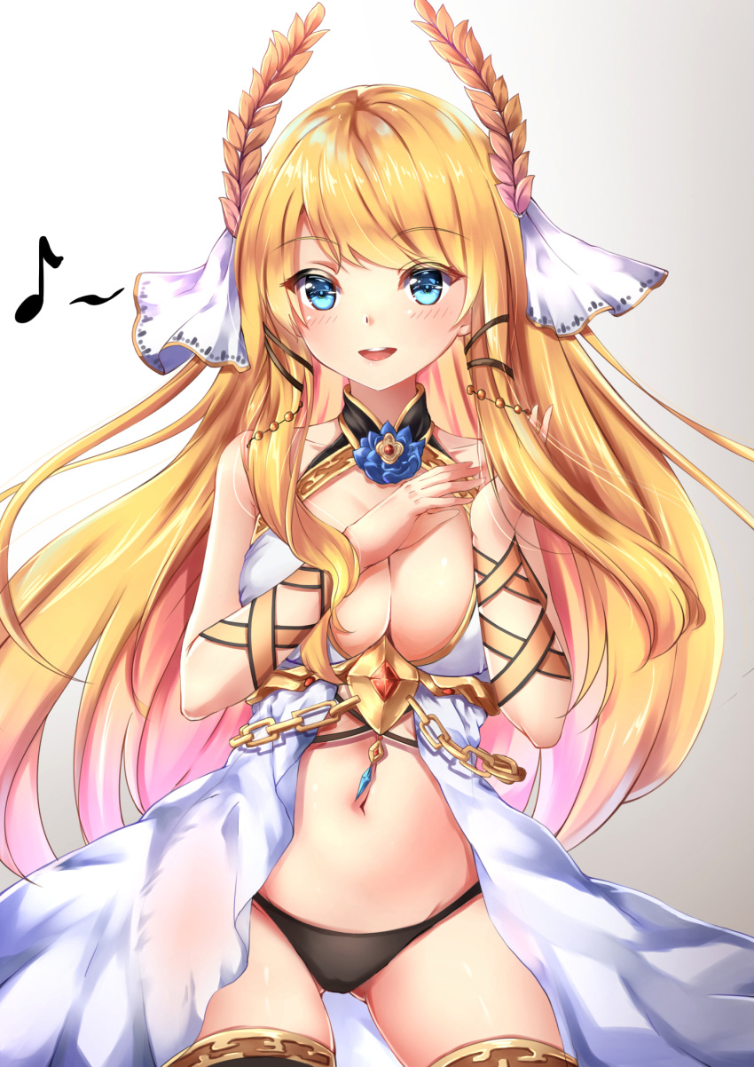 1girl azur_lane bare_shoulders black_legwear black_panties blonde_hair blue_eyes blue_flower blue_rose blush breasts chahei chains cleavage commentary_request cowboy_shot dress eyebrows_visible_through_hair eyelashes flower flower_ornament highres jewelry large_breasts laurel_crown long_hair multicolored_hair musical_note navel open_mouth panties playing_with_own_hair quaver ribbon rose sleeveless sleeveless_dress smile solo teeth thigh-highs two-tone_hair underwear veil very_long_hair victorious_(azur_lane) wrist_ribbon