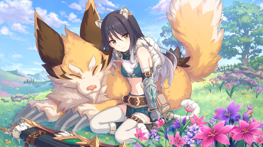 1girl animal animal_ears arrow bare_shoulders bow cygames earrings flower jewelry kashiwazaki_shiori midriff official_art princess_connect! quill sitting tail thigh-highs tiger_ears