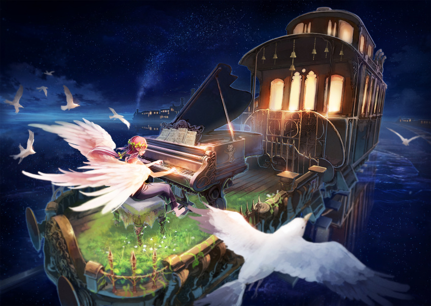 1girl angel_wings bird blush caboose closed_eyes dove facing_away fantasy graphite_(medium) ground_vehicle highres instrument inzanaki long_hair music open_mouth original piano piano_bench pink_hair playing_instrument playing_piano ponytail railroad_tracks scenery sitting sky smile solo traditional_media train wings