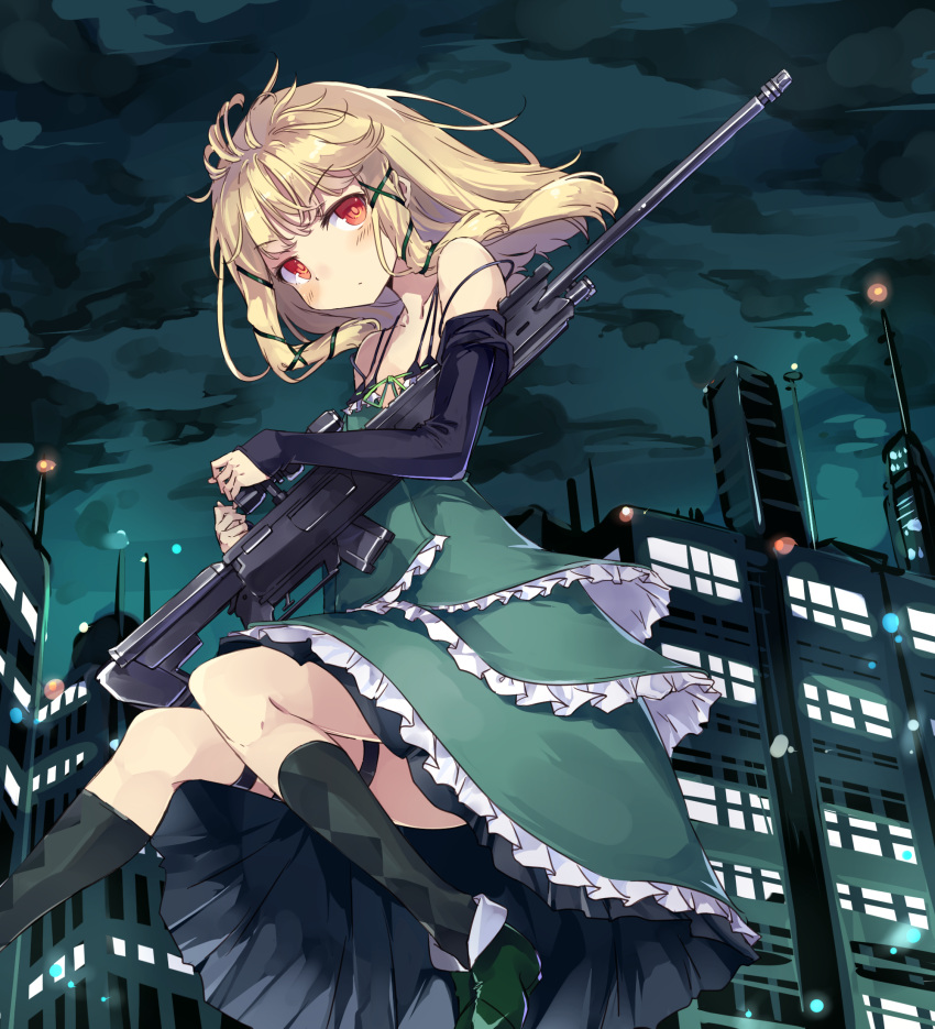 1girl black_bullet blonde_hair blush clouds cloudy_sky detached_sleeves dress frilled_dress frills gun hair_ornament highres holding holding_gun holding_weapon layered_dress long_hair looking_at_viewer night normaland psg-1 red_eyes rifle sky sleeveless sleeveless_dress sniper_rifle solo standing tina_sprout weapon