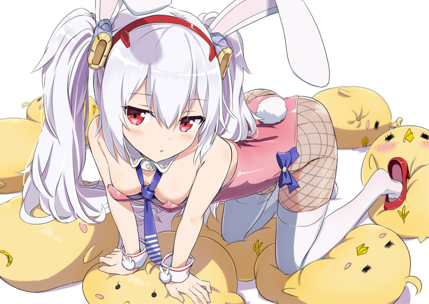 1girl :o all_fours animal_ears azur_lane bangs bare_arms bare_shoulders blue_bow blush bow breasts bunnysuit commentary_request detached_collar eyebrows_visible_through_hair fake_animal_ears fingernails fishnet_pantyhose fishnets gochou_(atemonai_heya) hair_between_eyes hair_ornament hairband high_heels laffey_(azur_lane) leotard long_hair looking_at_viewer necktie pantyhose parted_lips pink_leotard purple_neckwear rabbit_ears red_eyes red_footwear red_hairband silver_hair small_breasts solo strapless strapless_leotard stuffed_animal stuffed_bird stuffed_toy thigh-highs thighhighs_over_pantyhose twintails very_long_hair white_background white_collar white_legwear wrist_cuffs
