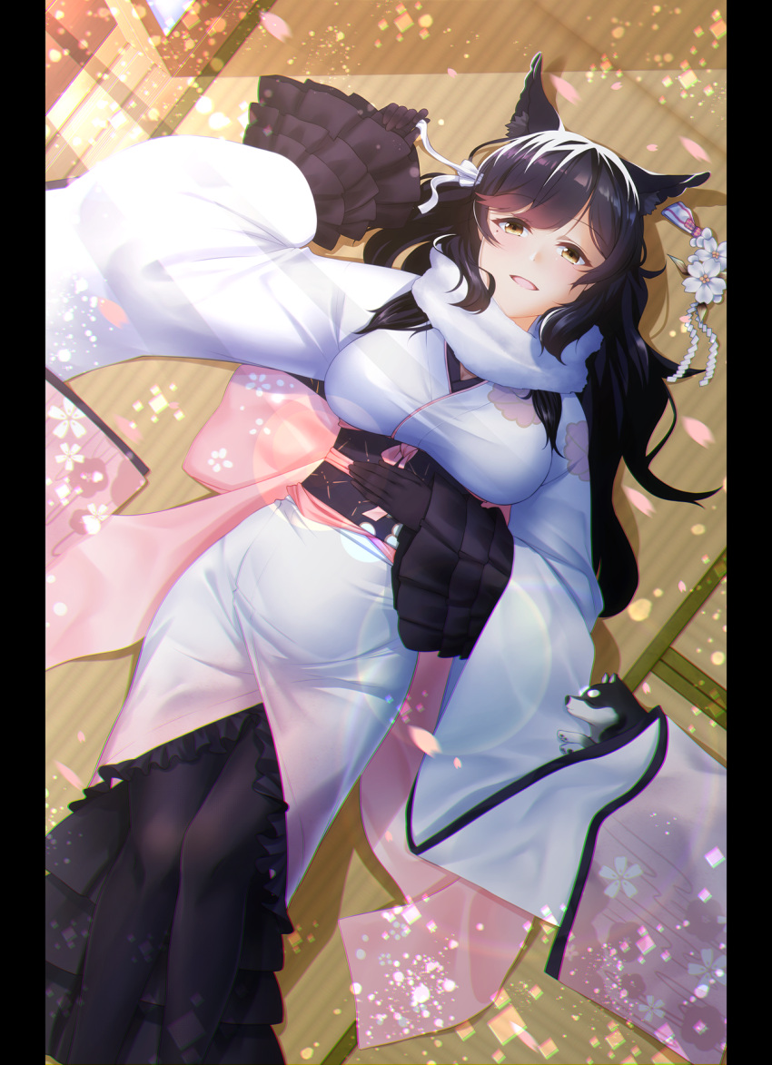 1girl :d animal animal_ears atago_(azur_lane) azur_lane bangs black_hair black_legwear blush breasts carrying cleavage day dog egasumi eyebrows_visible_through_hair feet_out_of_frame frilled_kimono frills from_above hand_on_own_stomach hand_up highres indoors japanese_clothes kagiyama_(gen'ei_no_hasha) kimono large_breasts layered_sleeves lens_flare long_hair long_sleeves looking_at_viewer mole mole_under_eye obi on_floor open_mouth pantyhose petals pillarboxed princess_carry sash scarf shiny shiny_hair sliding_doors smile solo sunlight swept_bangs tatami white_kimono white_scarf wide_sleeves