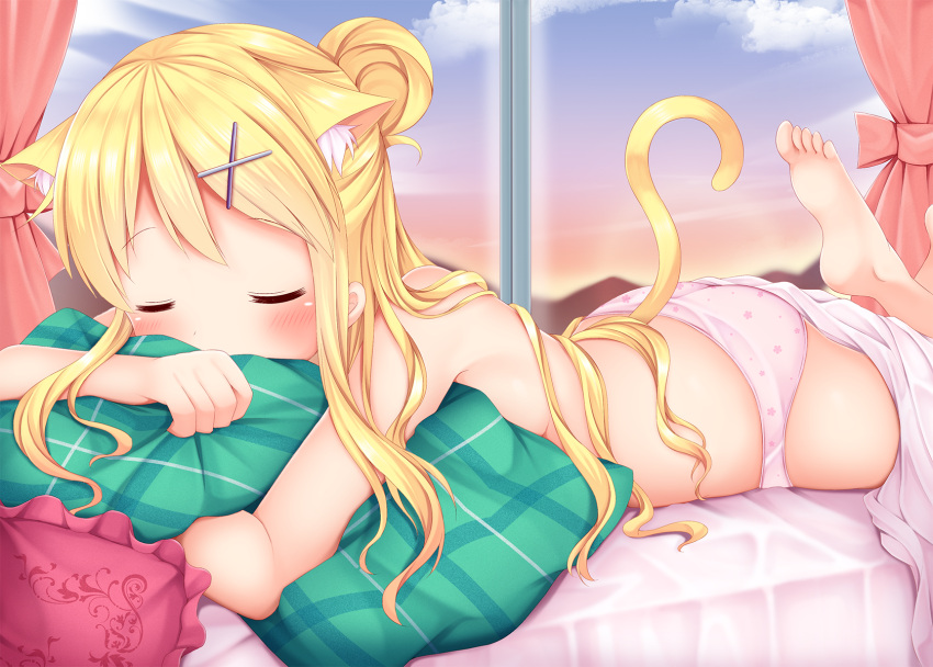 1girl animal_ears bed blonde_hair cat_ears highres kin-iro_mosaic kujou_karen long_hair minato_(ojitan_gozaru) panties pink_panties sky slippers solo thighs underwear window