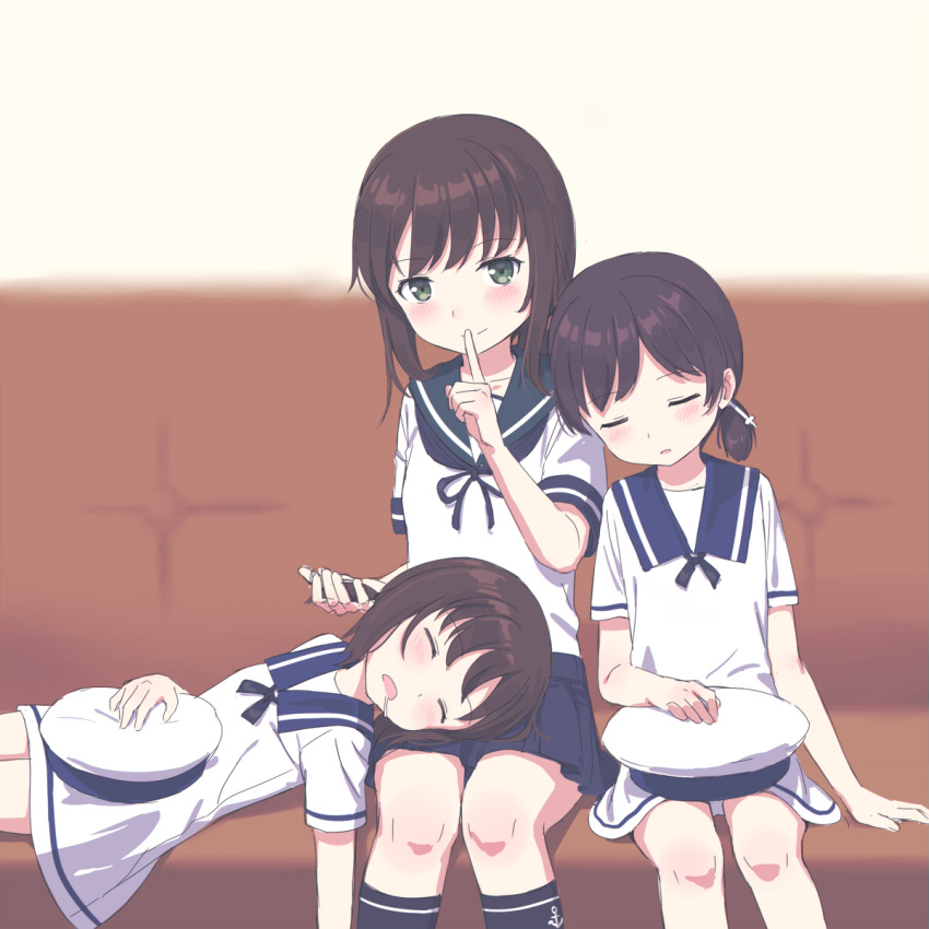 3girls arm_at_side bangs black_legwear black_ribbon blue_skirt blush brown_hair closed_mouth cnm couch daitou_(kantai_collection) dress feet_out_of_frame finger_to_mouth fubuki_(kantai_collection) green_eyes hat hat_removed headwear_removed height_difference hiburi_(kantai_collection) highres holding holding_hair index_finger_raised kantai_collection kneehighs lap_pillow long_hair looking_at_viewer low_ponytail low_twintails lying miniskirt multiple_girls on_back on_couch on_side pleated_skirt ribbon sailor_dress school_uniform serafuku shirt short_hair short_sleeves shushing simple_background skirt sleeping sleeping_upright smile tareme twintails white_dress white_hat white_shirt yellow_background