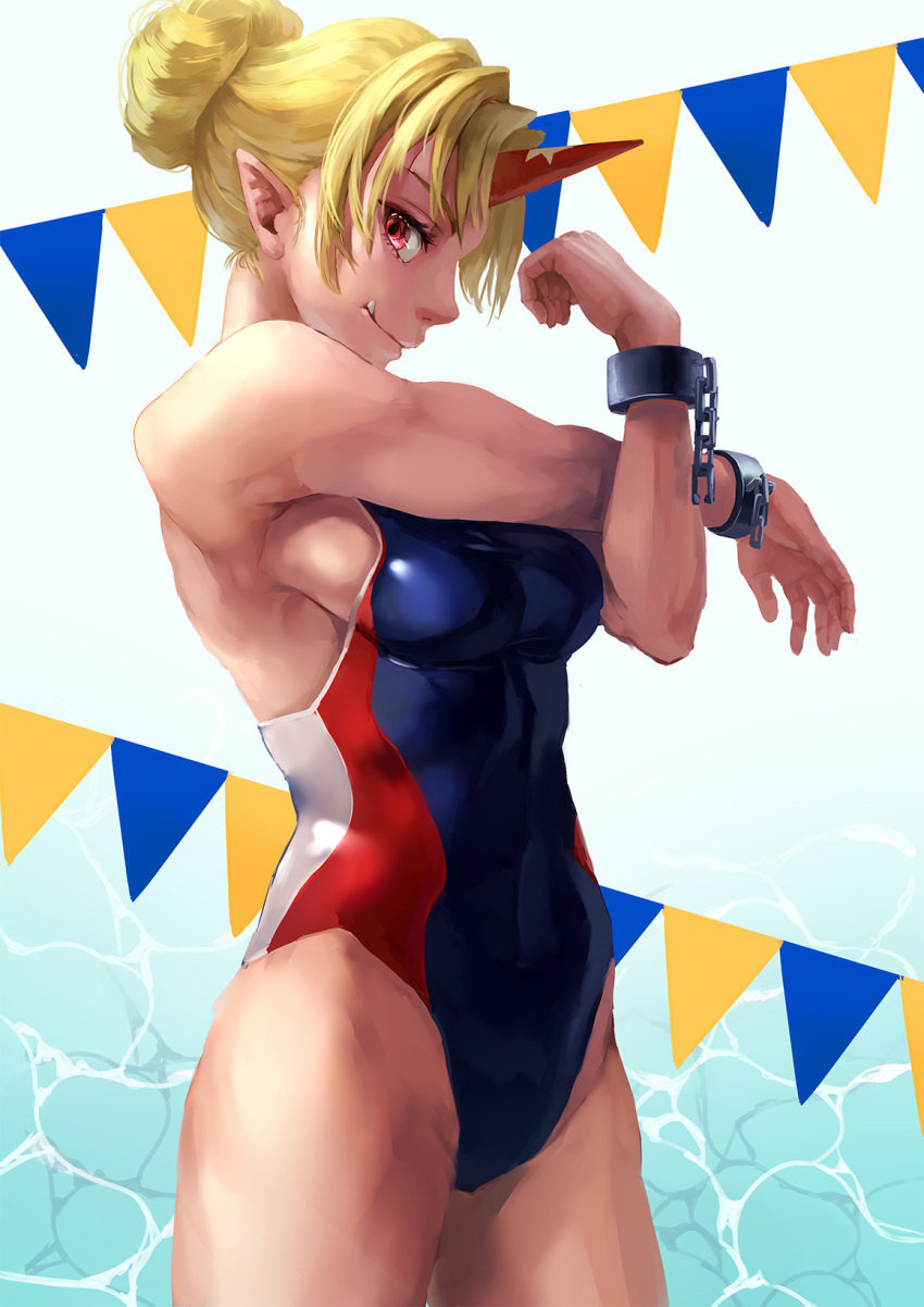 1girl alternate_costume alternate_hairstyle bare_arms bare_shoulders blonde_hair blue_background breasts chains competition_swimsuit cowboy_shot cuffs eyelashes fang_out gradient gradient_background hair_bun highres horn hoshiguma_yuugi looking_at_viewer medium_breasts muscle one-piece_swimsuit pink_eyes pointy_ears profile solo star swimsuit touhou water yasaidon