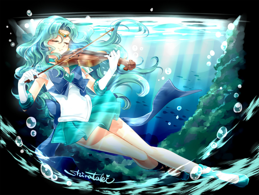 1girl aqua_footwear aqua_hair aqua_skirt bangs bare_legs bishoujo_senshi_sailor_moon blue_bow bow brooch bubble choker circlet closed_eyes closed_mouth full_body gloves instrument jewelry kaiou_michiru long_hair magical_girl music parted_bangs playing_instrument pleated_skirt sailor_collar sailor_neptune sailor_senshi_uniform shirataki_kaiseki shoes signature skirt smile solo super_sailor_neptune underwater violin water white_gloves