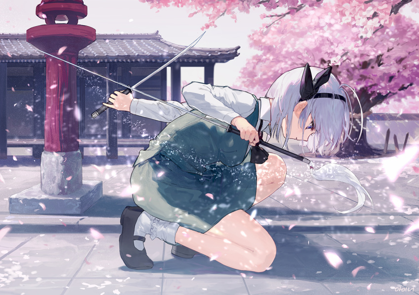 ainy77 architecture black_footwear black_hairband blue_eyes bobby_socks cherry_blossoms collared_shirt dual_wielding east_asian_architecture from_side full_body green_skirt green_vest hairband hakugyokurou holding holding_weapon konpaku_youmu long_sleeves mary_janes petals rope shimenawa shirt shoes short_hair skirt socks stone_lantern sword touhou tree vest weapon white_hair