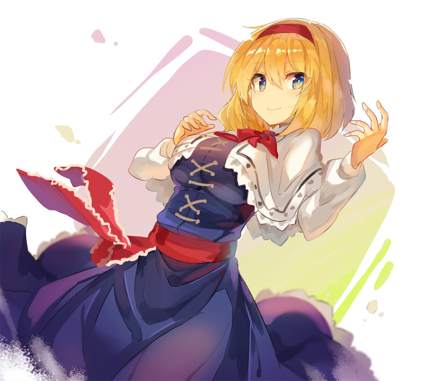 1girl alice_margatroid blonde_hair blue_dress blue_eyes breasts commentary_request cowboy_shot dress dutch_angle eyebrows_visible_through_hair hair_between_eyes hairband hand_up highres large_breasts long_sleeves looking_at_viewer neck_ribbon petticoat red_hairband red_neckwear red_ribbon red_sash ribbon rin_falcon short_hair smile solo standing touhou white_capelet