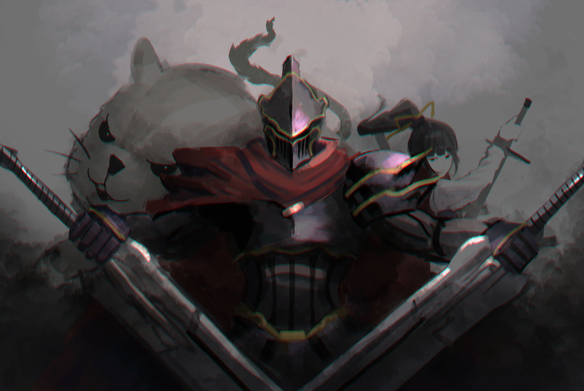 1girl 1other absurdres ainz_ooal_gown ambiguous_gender armor black_armor cape commentary_request hamsuke highres holding holding_sword holding_weapon knight kodai3223 looking_at_viewer momon_(overlord) narberal_gamma overlord_(maruyama) photoshop_(medium) red_cape simple_background sword weapon
