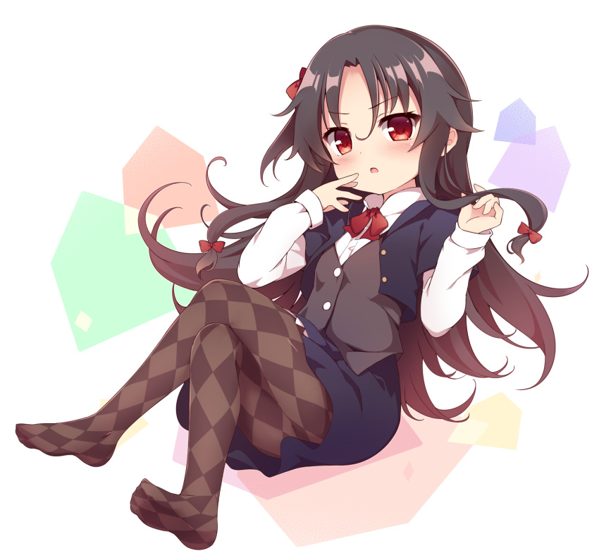 1girl :o argyle argyle_legwear baku_ph bangs black_jacket black_skirt blush bow bowtie brown_hair brown_legwear brown_vest cropped_jacket eyebrows_visible_through_hair full_body hair_bow hands_up highres invisible_chair jacket legs_crossed long_hair long_sleeves looking_at_viewer multicolored multicolored_background no_shoes open_mouth pantyhose parted_bangs print_legwear red_bow red_eyes red_neckwear ryuuou_no_oshigoto! shirt sitting skirt solo v-shaped_eyebrows very_long_hair vest white_shirt yashajin_ai