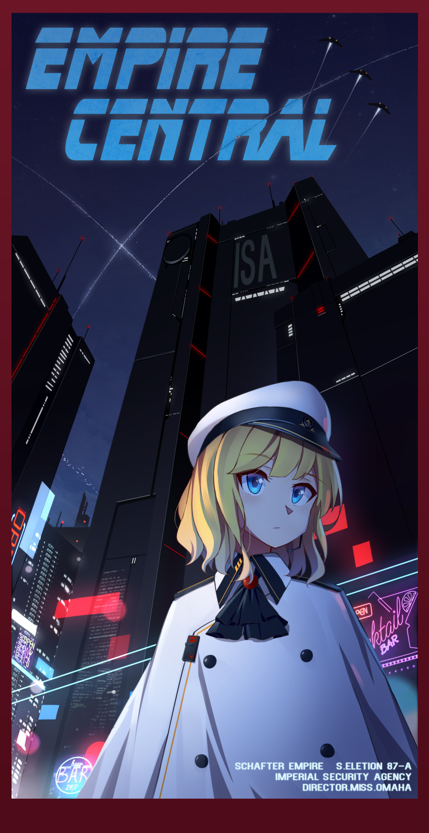 1girl absurdres arnold-s blonde_hair blue_eyes blush character_request city closed_mouth cyberpunk english eyebrows_visible_through_hair hat headset highres looking_away night outdoors short_hair solo white_hat zhan_jian_shao_nyu