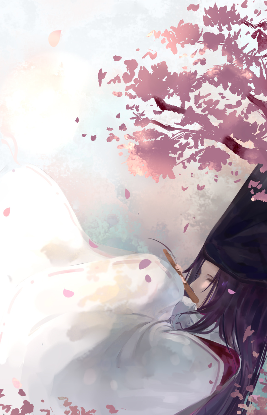 #yuki# 1boy black_hair cherry_blossoms closed_eyes flute fujiwara_no_sai hat highres hikaru_no_go holding holding_instrument instrument japanese_clothes kimono long_hair long_sleeves male_focus music playing_flute playing_instrument sidelocks sleeves_past_wrists solo tate_eboshi tree_branch white_kimono