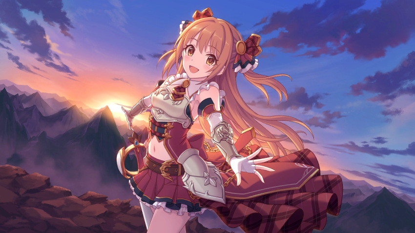 1girl bow brown_hair cygames hair_bow long_hair midriff miniskirt official_art orange_eyes princess_connect! sakurai_nozomi_(princess_connect) skirt