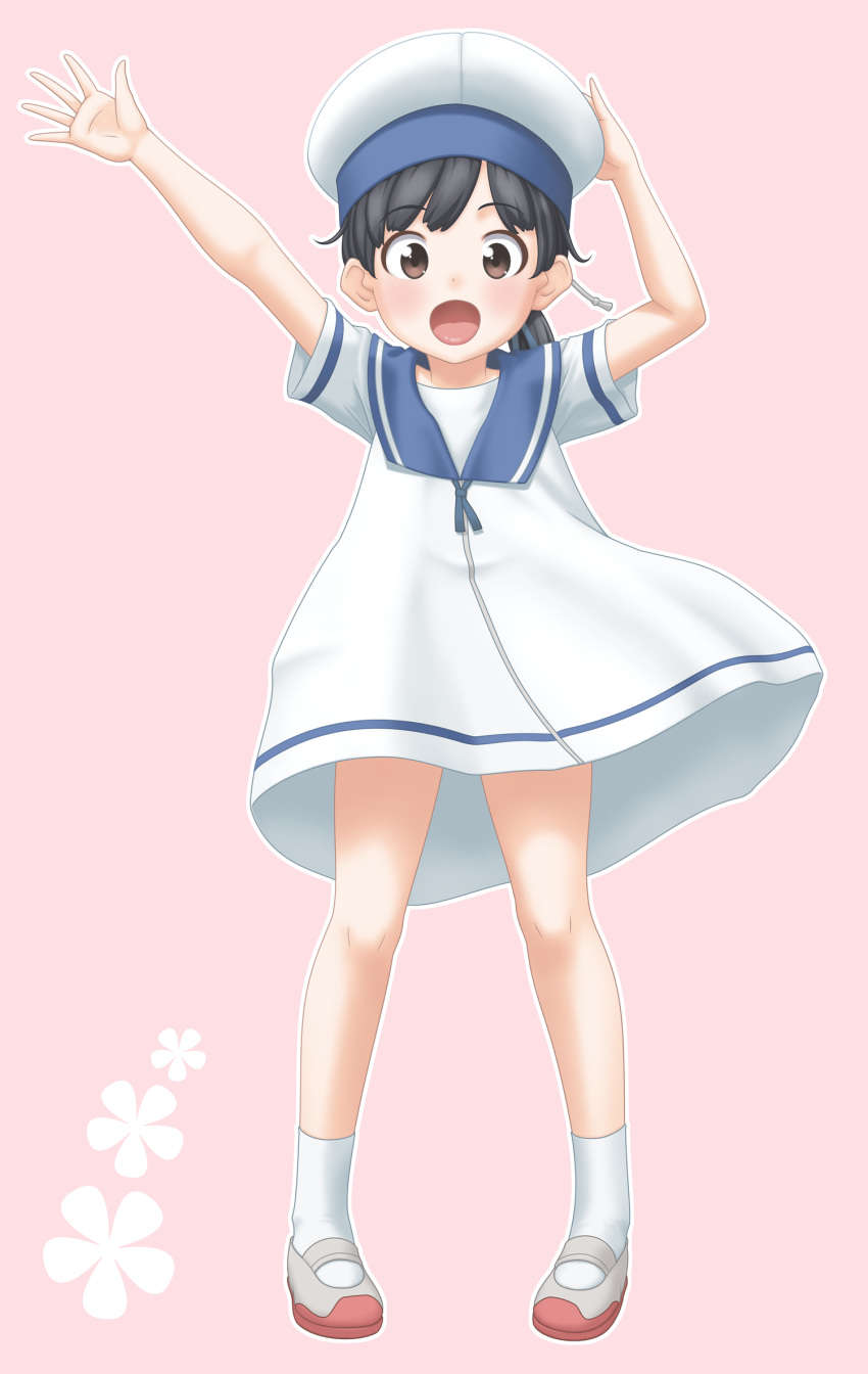 1girl black_hair brown_eyes brown_hair commentary_request dress dress_lift full_body hat hiburi_(kantai_collection) highres kantai_collection open_mouth pink_background sailor_collar sailor_dress sailor_hat shoes short_hair simple_background solo standing t2r uwabaki white_dress white_footwear white_hat