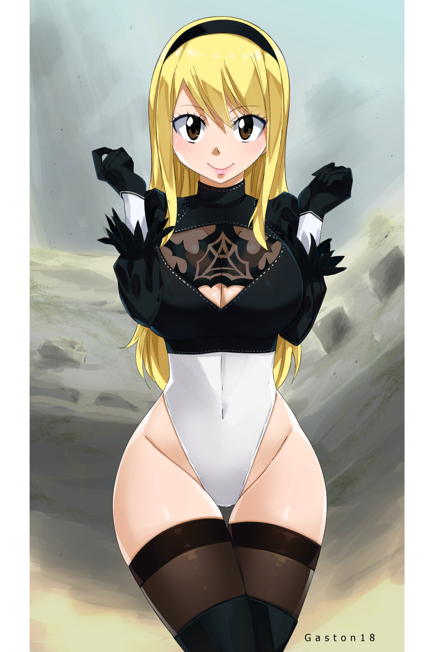 1girl absurdres black_gloves black_legwear blonde_hair breasts brown_eyes cleavage cosplay covered_navel fairy_tail gaston18 gloves groin hairband highres leotard long_hair lucy_heartfilia nier_(series) nier_automata solo thigh-highs thigh_gap yorha_no._2_type_b yorha_no._2_type_b_(cosplay)