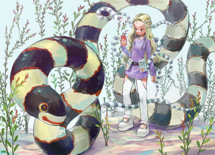 1girl animal between_legs blonde_hair dress eel highres holding leaf long_hair long_sleeves original oversized_animal plant platform_footwear pororikin purple_dress short_dress smile standing striped thigh_gap wavy_hair white_footwear white_legwear