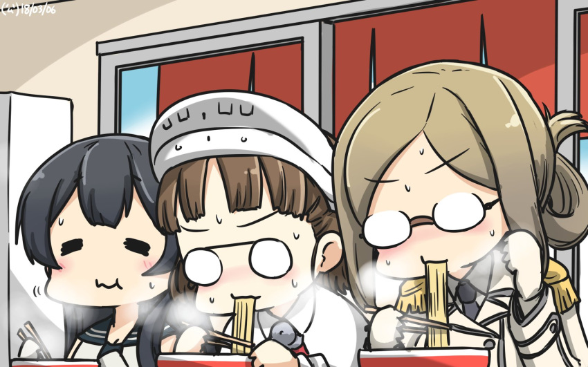 3girls agano_(kantai_collection) bowl chopsticks closed_eyes commentary_request dated eating epaulettes fogged_glasses food glasses gloves hamu_koutarou headdress highres kantai_collection katori_(kantai_collection) long_hair multiple_girls noodles pince-nez ramen roma_(kantai_collection) sweat uniform