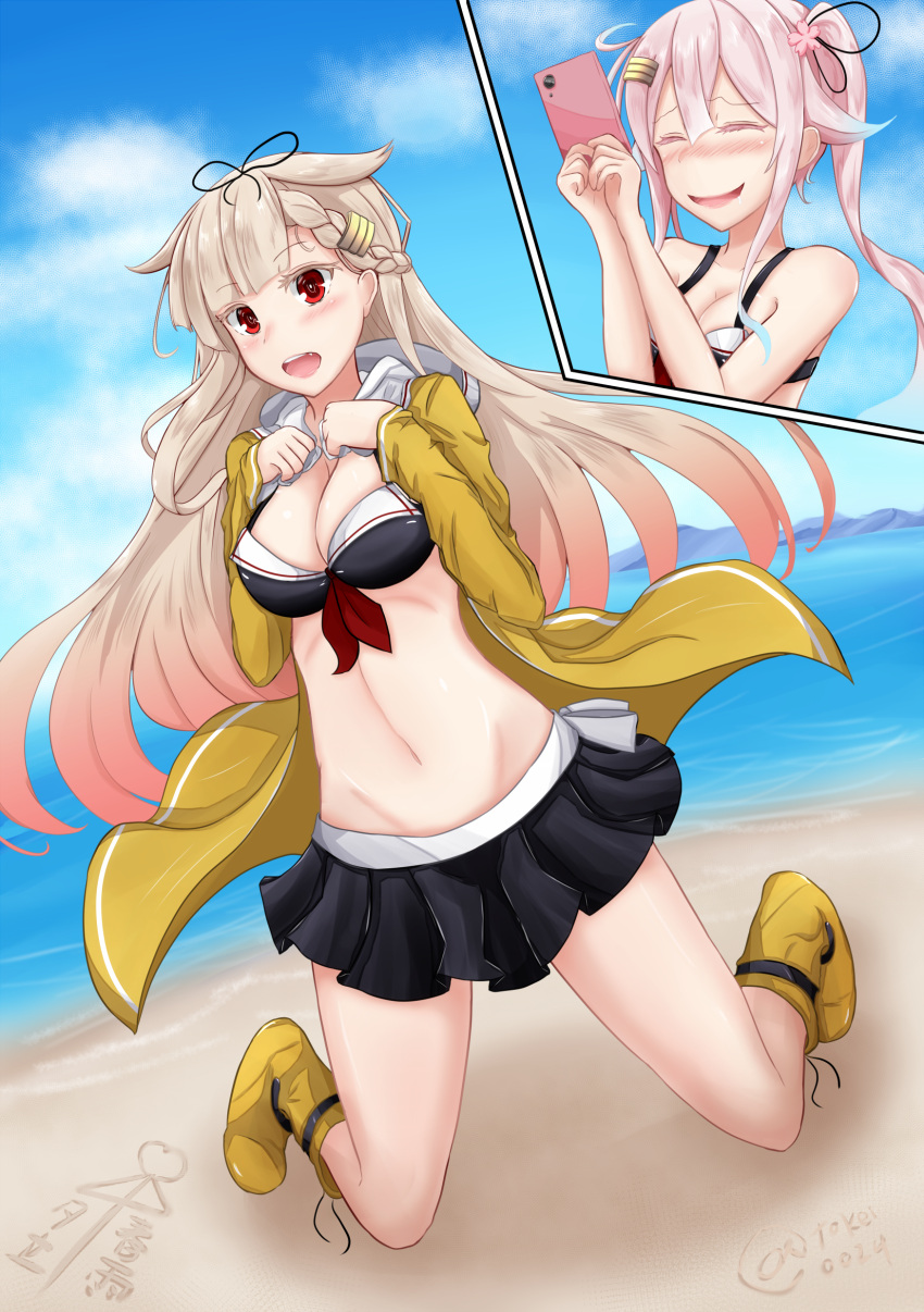 2girls absurdres beach bikini black_ribbon blonde_hair blush breast_press breasts cellphone cleavage clouds day hair_flaps hair_ornament hair_ribbon hairclip harusame_(kantai_collection) highres jacket kantai_collection long_hair multiple_girls neckerchief noyomidx ocean phone pink_hair pose ribbon side_ponytail skirt sky smartphone swimsuit yuudachi_(kantai_collection)