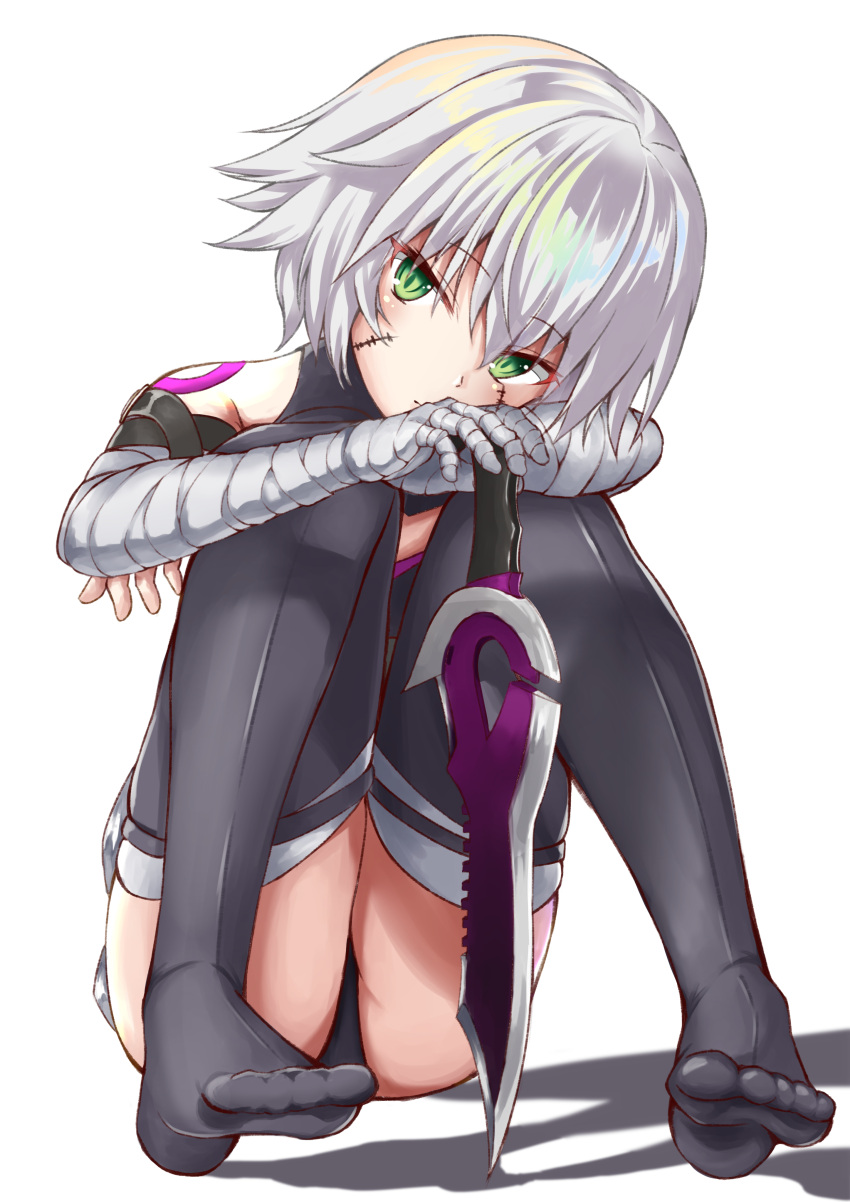 1girl absurdres ass bandage bandaged_arm bangs black_shirt chall_(eva2ooo1) commentary_request dagger eyebrows_visible_through_hair facial_scar fate/grand_order fate_(series) green_eyes hair_between_eyes head_tilt highres holding holding_dagger holding_weapon jack_the_ripper_(fate/apocrypha) looking_at_viewer no_shoes scar scar_across_eye scar_on_cheek shirt shoulder_tattoo silver_hair sleeveless sleeveless_shirt solo tattoo thigh-highs toes weapon