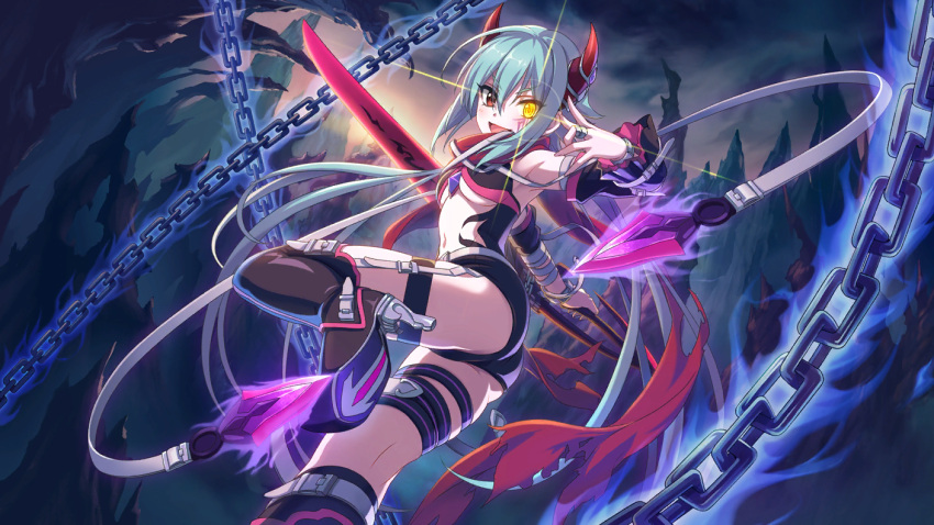 1girl blue_hair chains chuunibyou cygames heterochromia high_heels hiiragi_anna horns jewelry official_art princess_connect! red_eyes ring scarf shorts sword weapon