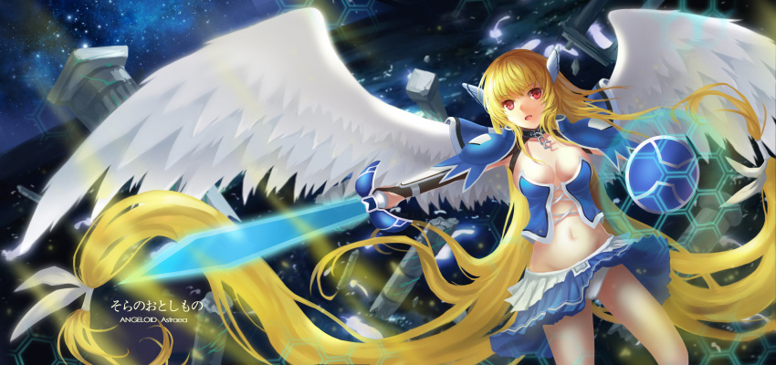 1girl absurdly_long_hair absurdres angel_wings astraea blonde_hair blue_skirt blush breasts character_name cleavage eyebrows_visible_through_hair highres holding holding_sword holding_weapon hongse_beiyu large_breasts long_hair looking_at_viewer navel panties parted_lips skirt solo sora_no_otoshimono sword underwear very_long_hair weapon white_panties wings