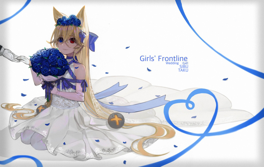 1girl animal_ears blue_bow blue_eyes blue_flower blue_ribbon blue_rose blush bouquet bow cat_ears character_name copyright_name dress elbow_gloves flower g41_(girls_frontline) girls_frontline gloves hair_bow heterochromia highres holding holding_bouquet hwayoung looking_away red_eyes ribbon rose seiza sitting smile solo thigh-highs wedding_dress white_gloves white_legwear