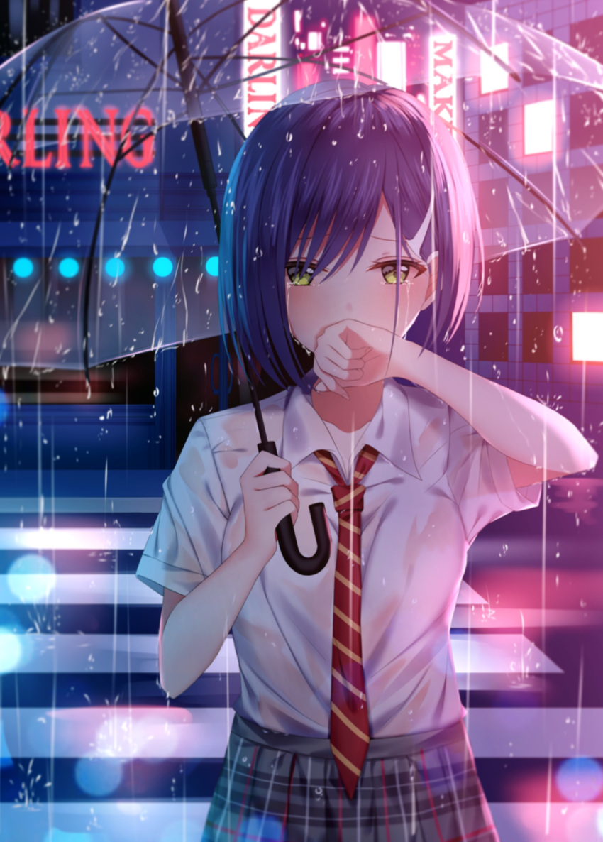1girl absurdres bangs blue_hair breasts building collared_shirt commentary copyright_name covering_mouth crosswalk crying crying_with_eyes_open darling_in_the_franxx diagonal_stripes eyebrows_visible_through_hair fingernails green_eyes grey_skirt hair_between_eyes hand_up highres holding holding_umbrella ichigo_(darling_in_the_franxx) junpaku_karen medium_breasts necktie neon_lights night outdoors plaid plaid_skirt pleated_skirt rain red_neckwear school_uniform see-through shirt short_hair short_sleeves skirt solo tears transparent_umbrella umbrella wet wet_clothes wet_shirt wet_skirt white_shirt window
